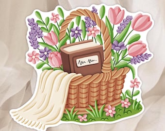 Adesivo con cestino floreale e libro | Adesivo primaverile accogliente | Planner, journaling, cancelleria floreale