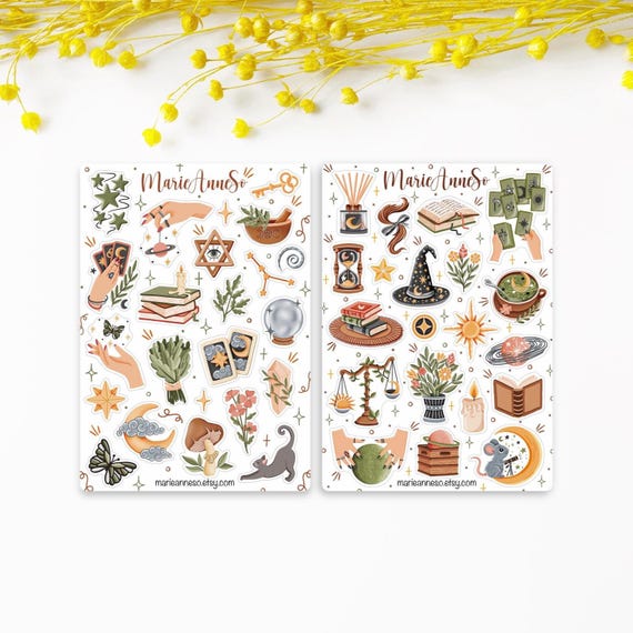 Witchy Sticker Sheet Set of 2, Cottagecore Witch Stickers Tarot Crystal Ball Moon Phases Cat, Planner Journaling