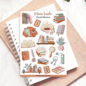 Feuille d’Autocollants - Thème des Livres et de la Lecture - Stickers pour Planner, Journal, et Scrapbooking - Illustrations de Bibliophile