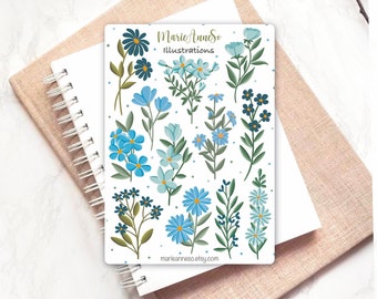 Autocollants Fleurs Bleues - autocollants Planner, stickers bullet journal, Scrapbook, autocollants de nature, autocollant floral, verdure