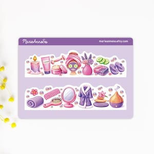 May include: A sticker sheet featuring spa and self-care items. The design includes a lit candle, skincare products, a face mask, a jade roller, a vase of flowers, soap, cucumbers, and slippers. The bottom row includes a rolled towel, comb, mirror, robe, and essential oil diffuser.