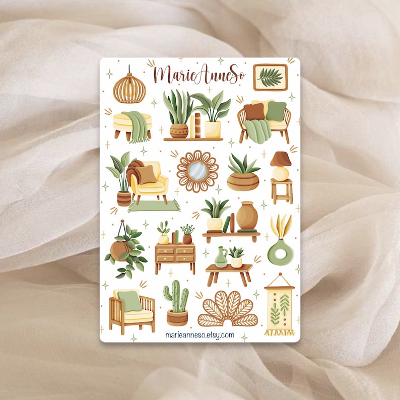 Boho Plant Stickers, Cottagecore Furniture Sticker Sheet, Houseplant Planner Stickers, Aesthetic Home Decor Kawaii Stickers, Journal Deco image 4