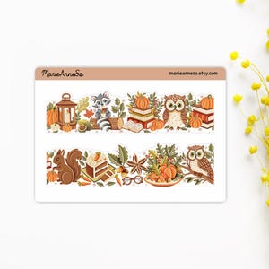 Feuille d’Autocollants Automne, Citrouille, Animaux de la Fôret - Stickers Planner et Scrapbook, Frise pour Carnet A5, Stickers de Saison