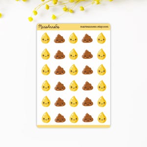 Hoja de 30 pegatinas de higiene: emojis de gotas de caca y orina: aprendizaje divertido para niños: seguimiento de hábitos y entrenamiento para ir al baño