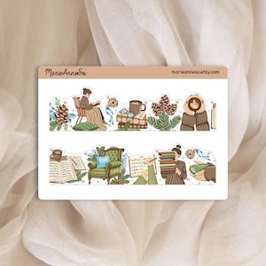 Feuille d’Autocollants cosy Lecture d'Automne et d'Hiver - Stickers Planner et Scrapbook, Frise pour Carnet A5, Stickers de Saison