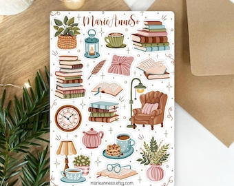Cozy Library Sticker Sheet | Cottagecore Sticker | Scrapbooking | Junk Journal | Bookish Sticker | Reading Sticker | Hygge