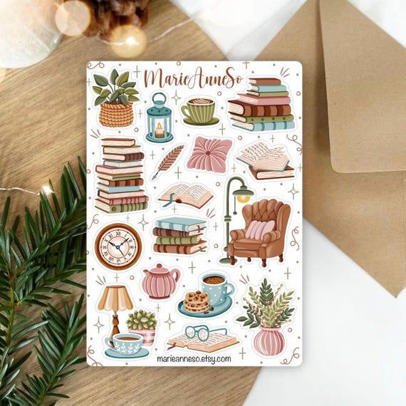 Feuille d’Autocollants Cosy Lecture - Stickers pour Planner, Journal, Scrapbooking - Ambiance Littéraire et Confort