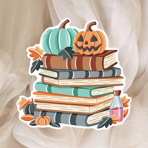 Autocollant Halloween - Citrouille et Livres - Grand Sticker pour Planner, Scrapbook, Bujo, Agenda | Stickers de Saison, Thème Automnale