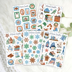 Lot de 5 Feuilles d’Autocollants Hiver Cosy - Stickers sur le Thème Cocooning et Festivités de Noël pour Planner, Journal et Scrapbooking