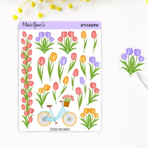 Feuille d’Autocollants Thème Tulipes et Vélo - Stickers Floraux pour Planner, Scrapbooking, Agenda, Planner