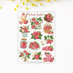 Feuille d’Autocollants sur le thème des Fraises - Stickers pour Journal, Planner, Calendrier, Scrapbooking - Jardinage - Fleurs d'été
