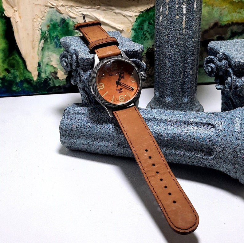 Watch Stainless Steel, Vintage Design 1930 Style, Trendy, Unisex, Swiss mechanism, Saphire Crystal Glass, Genuine Leather Band Handmade Brown Dial and Band