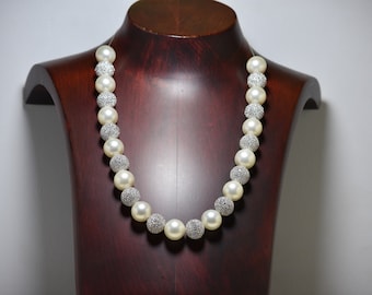 Mother of Pearl 40 cm Choker / 50cm Necklace, with Silver Spheres, Diamond-like High-End Finishing with White Zirconium Stones