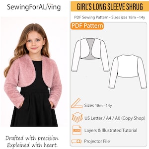 Könnte beinhalten: Ein Mädchen trägt einen rosa Kunstfell-Bolero über einem schwarzen Kleid. Das Bild enthält eine Zeichnung und Details für ein PDF-Schnittmuster für einen Mädchen-Langarm-Bolero, Größen 18 Monate bis 14 Jahre.
