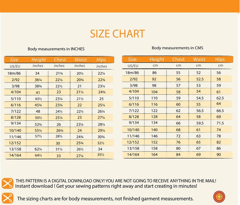 Size chart for 18 months to 14 years sewing pattern for a girl's coat and matching beret