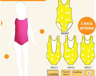 May include: A PDF pattern for a basic swimsuit or leotard for kids, featuring three back options. The pattern is for sizes 18 months to 14 years. The front of the swimsuit is yellow with white polka dots. The back options are A, B, and C. The pattern is available in US Letter and A0 sizes.