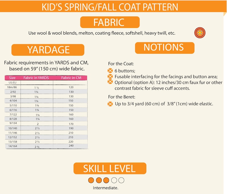 Double-breasted coat sewing patters for todlers, kids and teens with full insewing instructions.