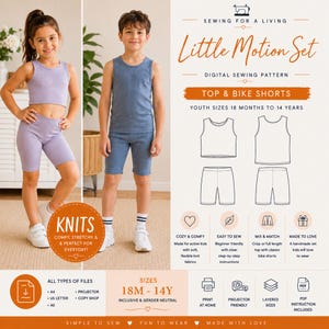 May include: A digital sewing pattern for a Little Motion Set featuring a crop top and bike shorts in youth sizes 18 months to 14 years. The pattern includes instructions for knit fabrics, various file formats, and diagrams for both top and shorts.
