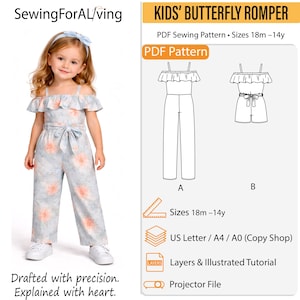 Peut inclure: Une jeune fille porte une barboteuse à imprimé floral bleu clair avec un col à volants et une taille nouée. L'image comprend un patron de couture PDF pour le Romper Papillon pour enfants, tailles 18 mois à 14 ans. Le texte dit "Drafted with precision. Explained with heart."