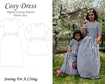 Cosy Dress PDF Sewing Pattern For Girls - knitted fabric maxi dress, knee-length dress, short and long sleeve options