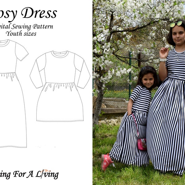 Cosy Dress PDF Sewing Pattern For Girls - knitted fabric maxi dress, knee-length dress, short and long sleeve options