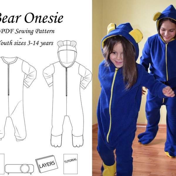 Bär Onesie (Pyjama/ Loungewear/Overall) PDF Schnittmuster (Kinder 2 - 14 Jahre)