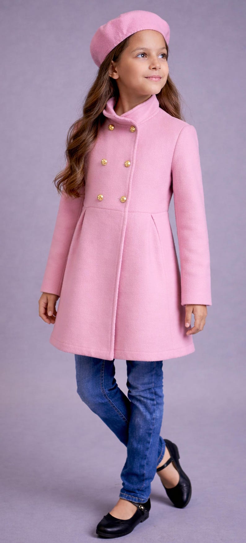 Double breasted kids coat pattern with beret accessory