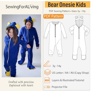 Bear Onesie (Pyjamas/Loungewear/Overall) PDF Sewing Pattern (Kids' 2 - 14 years)
