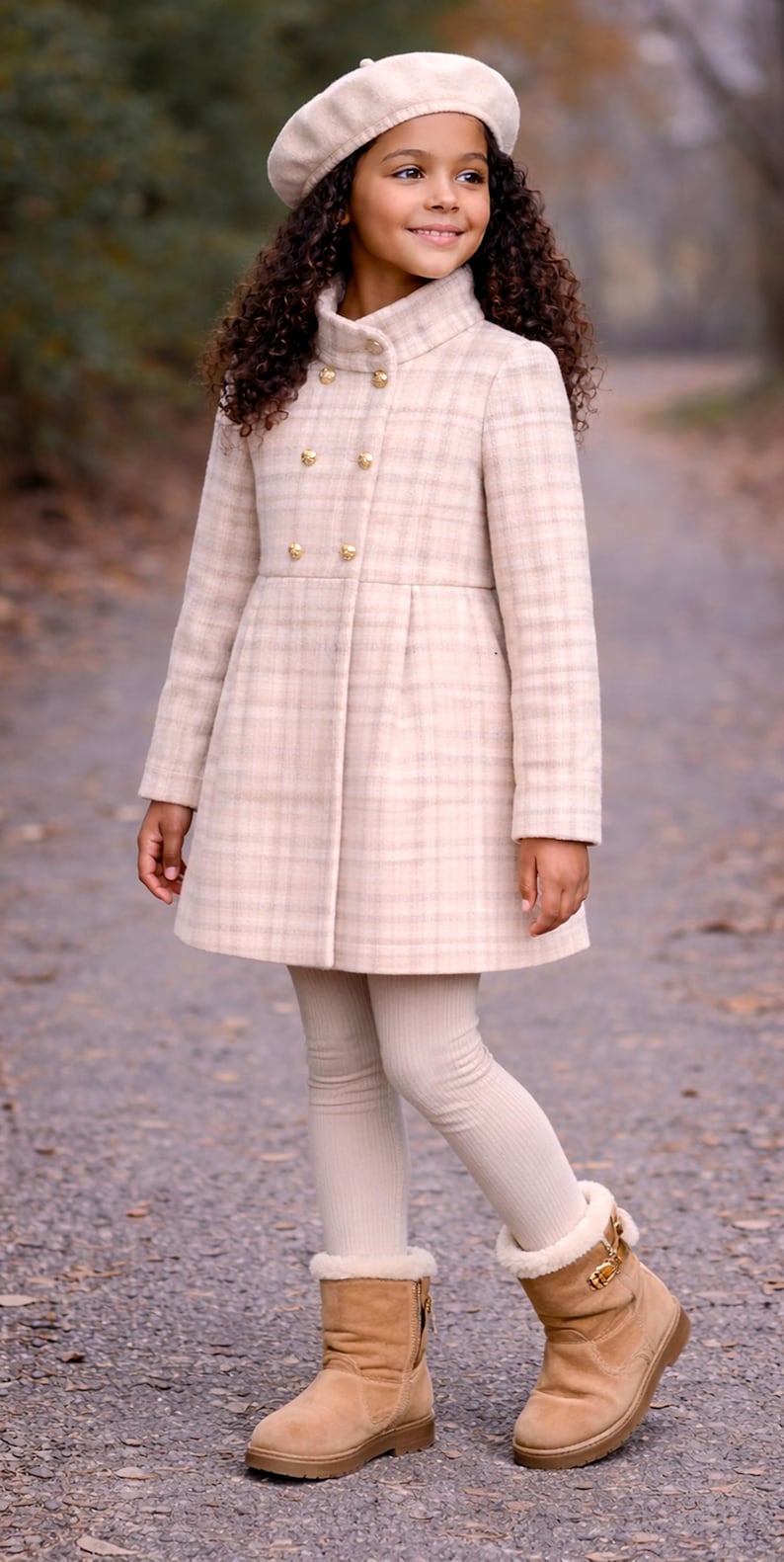 Double breasted kids coat pattern with beret accessory