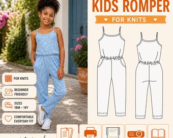 Girls Summer Romper Sewing Pattern PDF | Spaghetti Strap Jumpsuit with Pockets | Sizes 18M-14Y
