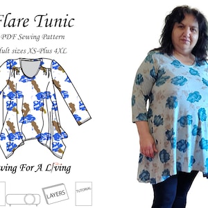 Flare tunic Long top PDF sewing pattern in regular and plus sizes for women