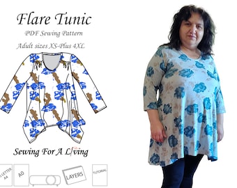 Flare tunic Long top PDF sewing pattern in regular and plus sizes for women