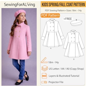 Puede incluir: Una niña modela un abrigo y boina rosas. El abrigo tiene un diseño de doble botonadura con botones dorados. La imagen también incluye un patrón de costura PDF para un abrigo de primavera/otoño para niños, tallas de 18 meses a 14 años, con un patrón de boina.