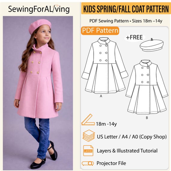 Kids Double Breasted Coat Sewing Pattern | Beret Included (PDF Pattern, 18m-14y)