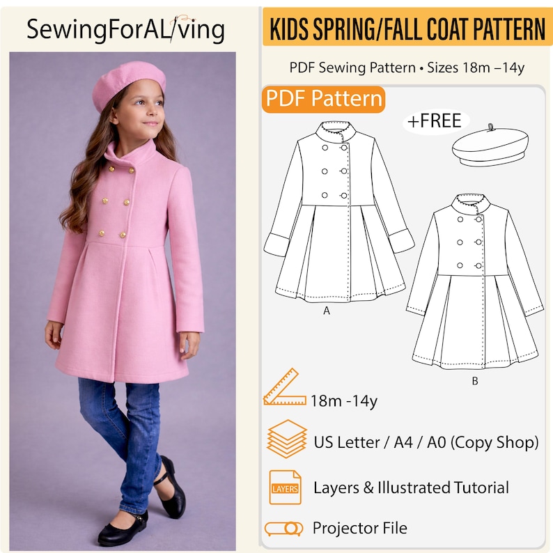 Kids coat sewing pattern with matching beret PDF