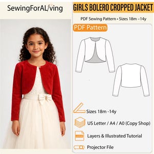 Op de afbeelding: Een meisje draagt een rode bolero cropped jasje over een witte jurk. De afbeelding bevat een diagram van de jas en de tekst "GIRLS BOLERO CROPPED JACKET" en "PDF Sewing Pattern. Maten 18m-14y."