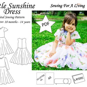 Little Sunshine PDF Schnittmuster Kleid für Mädchen - gewebtes Kleidermuster mit 3 Ärmeloptionen und einem vollen Rock