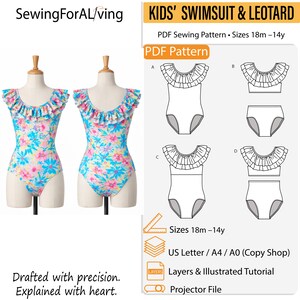 Peut inclure: Deux mannequins présentent un maillot de bain à imprimé floral avec un col à volants. Le maillot de bain a un motif floral bleu, rose et jaune. L'image comprend également un patron de couture PDF pour maillots de bain et justaucorps pour enfants, tailles 18 mois à 14 ans.