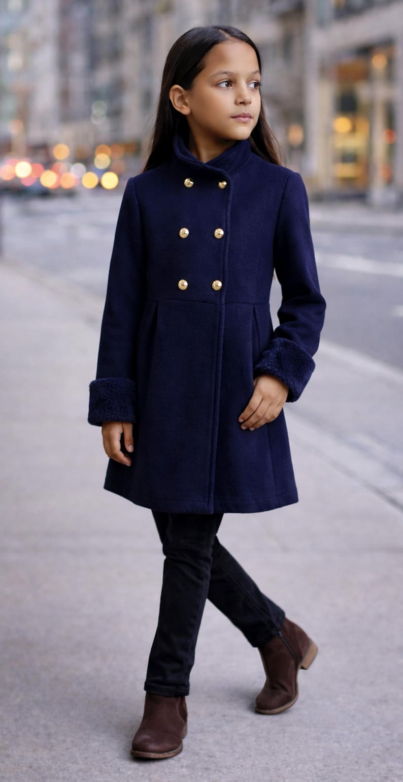 Elegant girls coat sewing pattern with pleated skirt