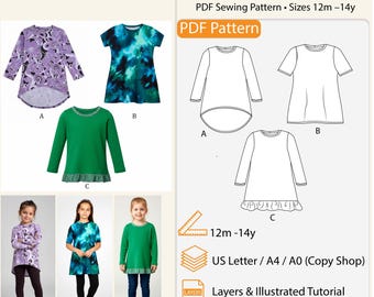 Little 3-Way Tunic Top T-shirt PDF Sewing Pattern for Kids
