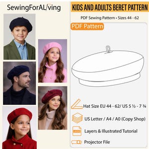 Puede incluir: Imagen de un patrón de boina para niños y adultos. El patrón incluye tallas EU 44-62 / US 5 1/2 - 7 3/4. La imagen muestra boinas en azul marino, rosa y rojo. El texto "KIDS AND ADULTS BERET PATTERN" es visible.