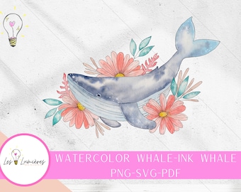 Watercolor whale SVG, PNG vector whale, tattoo whale, coloring printing whale , original whale with flowers