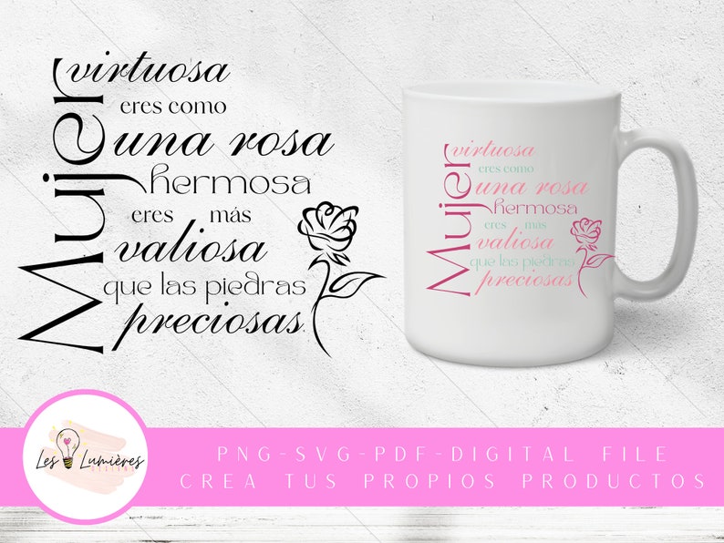 Op de afbeelding: Een witte keramische mok met een zwart en roze ontwerp met de tekst "Virtuosa eres como una rosa hermosa eres mas valiosa que las piedras preciosas".