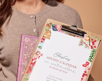 Watercolor Christmas Advent Calendar EBook- Instant Download & Print PDF -24 days of Christmas DIY
