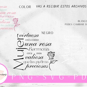 Op de afbeelding: Zwart-wit digitaal download ontwerp met de tekst "Virtuosa eres como una rosa hermosa eres mas valiosa que las piedras preciosas" in het Spaans, met een roos afbeelding. De tekst is in een cirkel rond de roos gerangschikt. Het ontwerp is beschikbaar in PNG, SVG en PDF formaten.