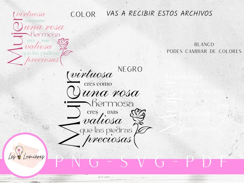 Op de afbeelding: Zwart-wit digitaal download ontwerp met de tekst "Virtuosa eres como una rosa hermosa eres mas valiosa que las piedras preciosas" in het Spaans, met een roos afbeelding. De tekst is in een cirkel rond de roos gerangschikt. Het ontwerp is beschikbaar in PNG, SVG en PDF formaten.