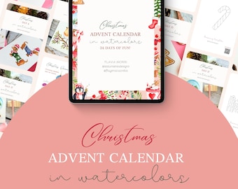 Watercolor Christmas Advent Calendar EBook- Instant Download & Print PDF -24 days of Christmas DIY