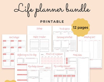 Könnte beinhalten: Druckbarer Lebens-Planer-Bundle mit 12 Seiten. Die Seiten beinhalten Abschnitte für Geburtstage, Ideen, Habit Tracker, To-Do-Listen, Reinigungsplan, Leseliste, Reflexion über den Tag, Monat auf einen Blick, Speiseplan, Tagesplaner und Wochenplaner.