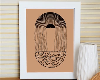 Music Memory Poster in Black and Latte color - Giclee, Modern, Minimal, Concept art, Vinyl, Record, Brain, Art Print