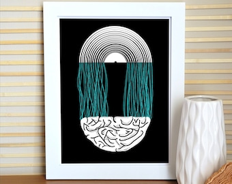 Music Memory Poster in Black and Neon color - Giclee, Modern, Minimal, Concept art, Vinyl, Record, Brain, Art Print
